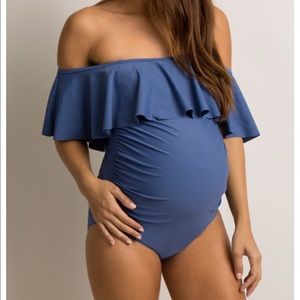 Blue Grey Ruffle Trim One-Piece Maternity Swimsuit